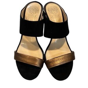 VINCE CAMUTO NAVINTA OPEN TOE LEATHER MULES BLACK METALLIC BRONZE SIZE 8.5
